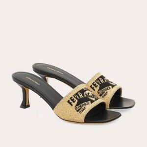 Authentic Womens Ferragamo Jacquard Honey Black Open Toe Mule Heels 7.5